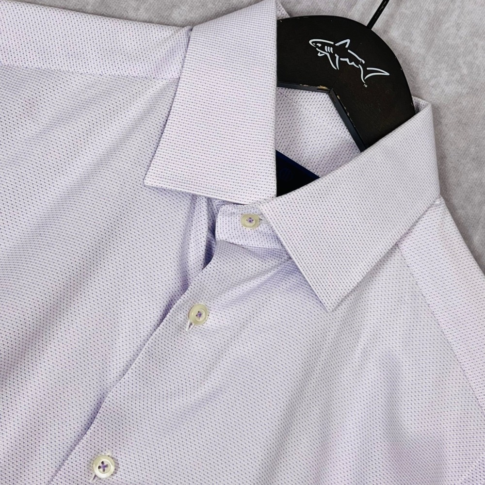 David Donahue Trim Fit Dress Shirt Mens‎ 15.5 32/33 Purple White Micro Pattern